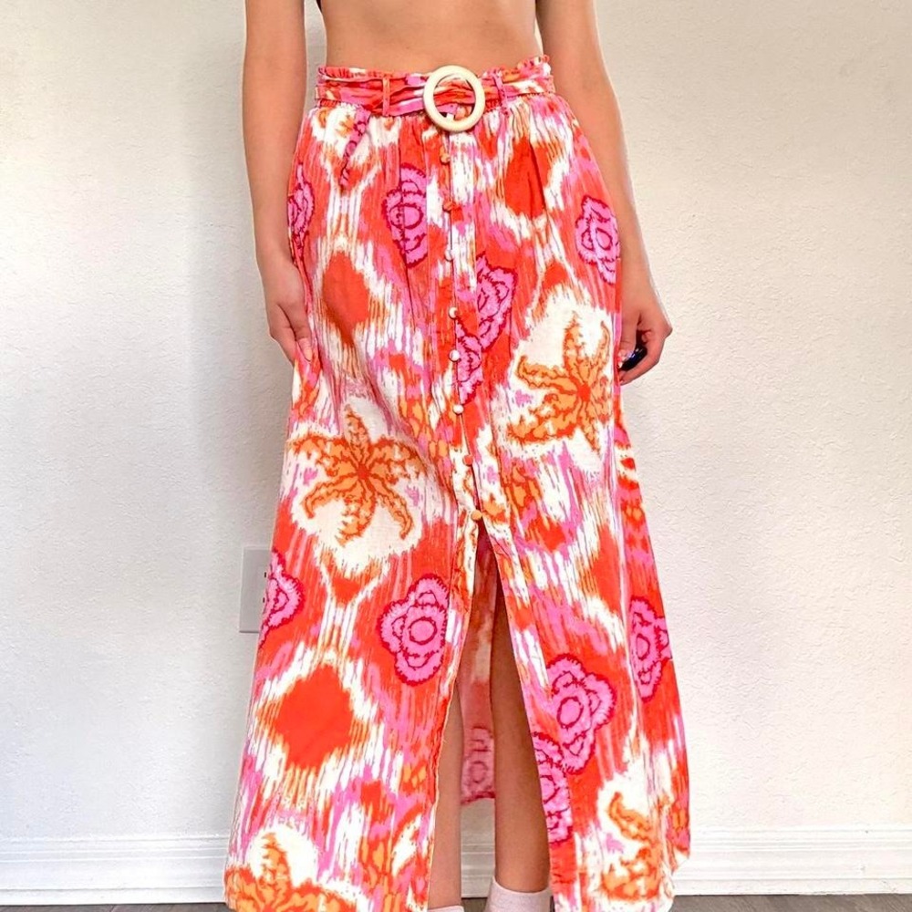 Y2K Abstract Maxi Skirt with Wooden Buckle Belt